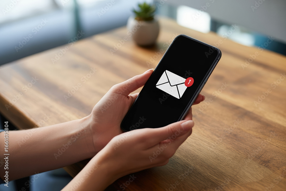 Poster checking email on smartphone with low feedback notification a person's hands holding a mobile phone 