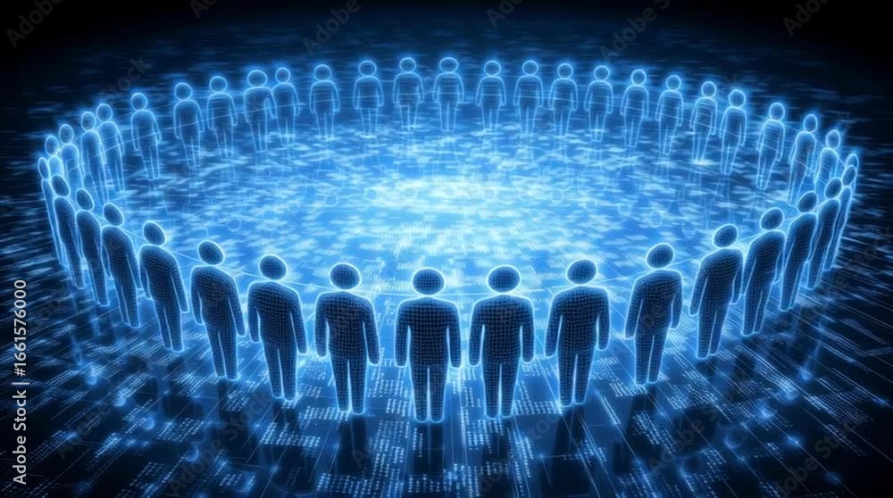 Poster a captivating visual of a diverse team of individuals standing together in a luminous circle of glow