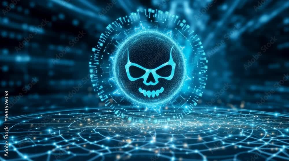 Poster intricate digital illustration of a human skull at the epicenter of a sprawling glowing neural netwo