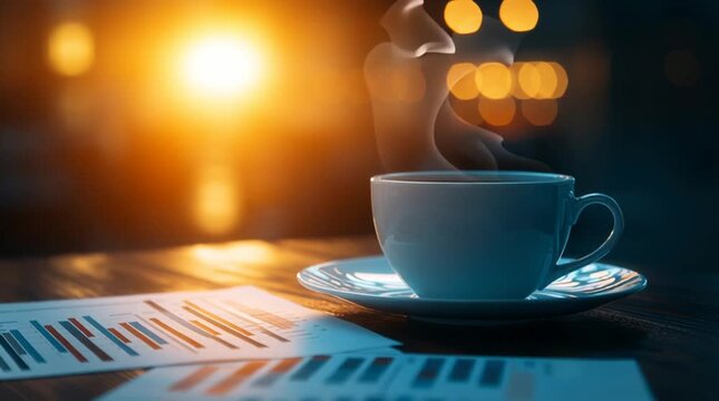 A quiet morning scene featuring a warm ceramic cup of freshly brewed black coffee alongside a folded daily newspaper resting on a rustic wooden tabletop background.