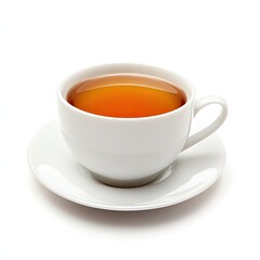 White teacup and saucer filled with amber-colored tea against a white background