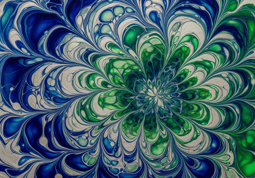 Green and blue ebru art with a mesmerizing floral pattern design