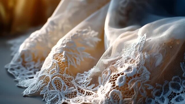Delicate lace details on a wedding dress in soft lighting