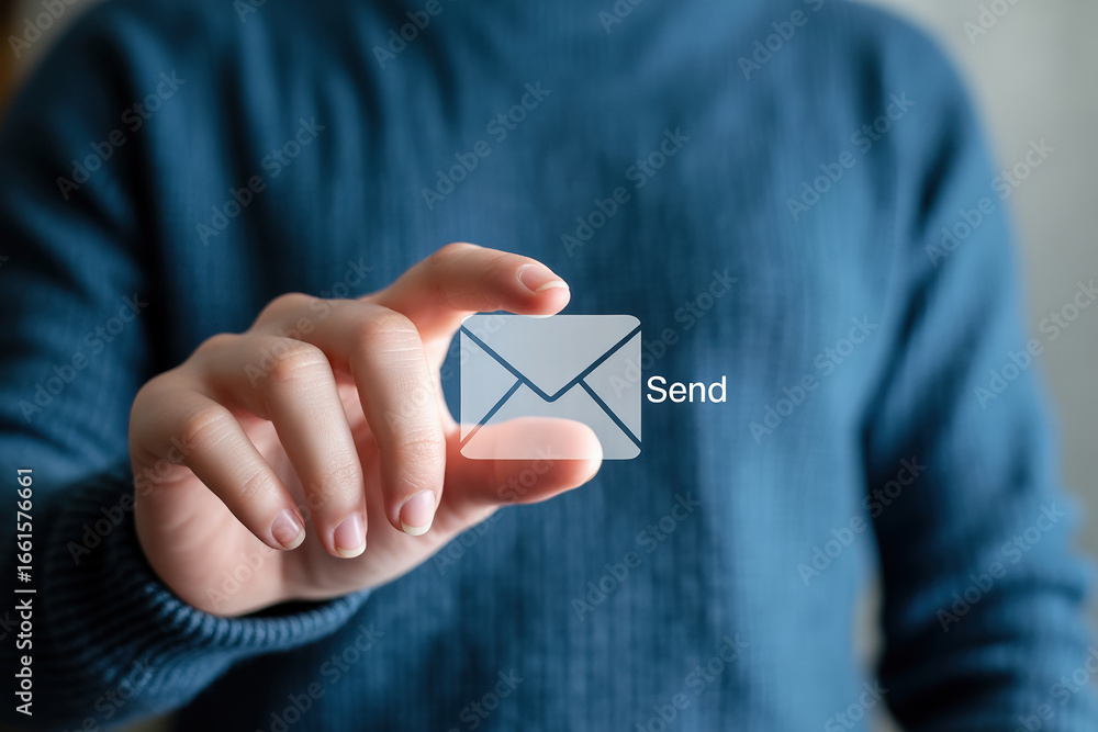 Poster conceptual image of sending email with low feedback represented by a digital envelope icon held in h