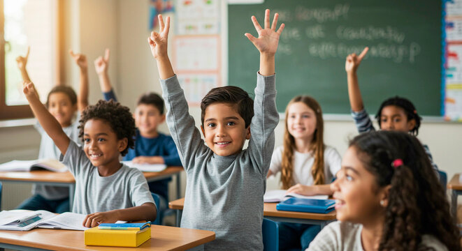Young cute schoolboy raising hand to answer question from teacher in classroom. Happy kid elementary student learning while sitting at desk during lesson. Education, knowledge, back to school concept - Powered by Adobe