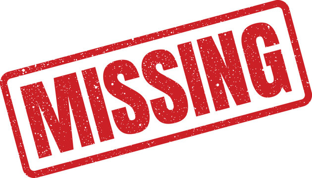 Grunge effect rectangular stamp with MISSING text in tilted view, distressed design