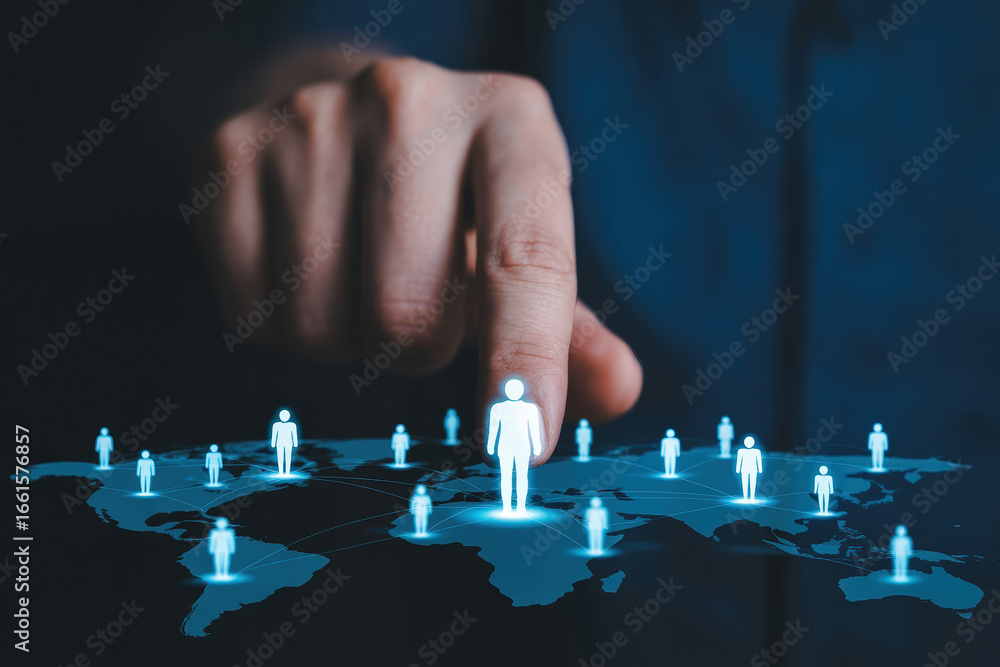 Poster connecting global talent a hand points to a figure on a world map representing international collabo