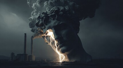 Cracked statue head with lightning and smoke in a dark ancient ruins landscape.