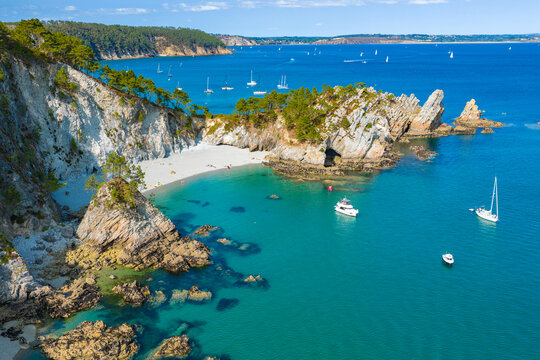 Aerial view of plage de La Vierge (Virgin beach) in Crozon Peninsula Brittany - One of the most beautiful beaches in France