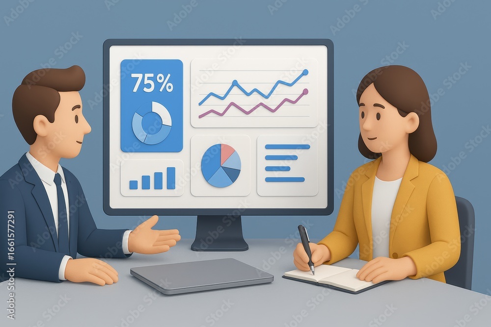 Poster business meeting with animated characters discussing data analysis and graphs on screen