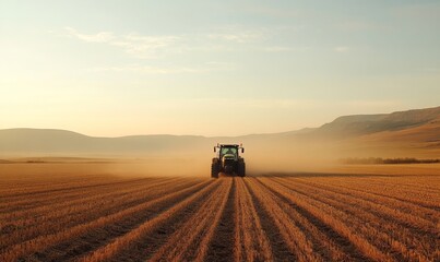Fototapeta premium farmer driving a tractor through a vast field, showcasing hard work and dedication in agricultural operations. The image emphasizes the connection to nature and sustainable farming, Generative AI