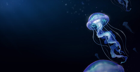 Large poisonous blue jellyfish against the background of a deep dark ocean. Realistic illustration.