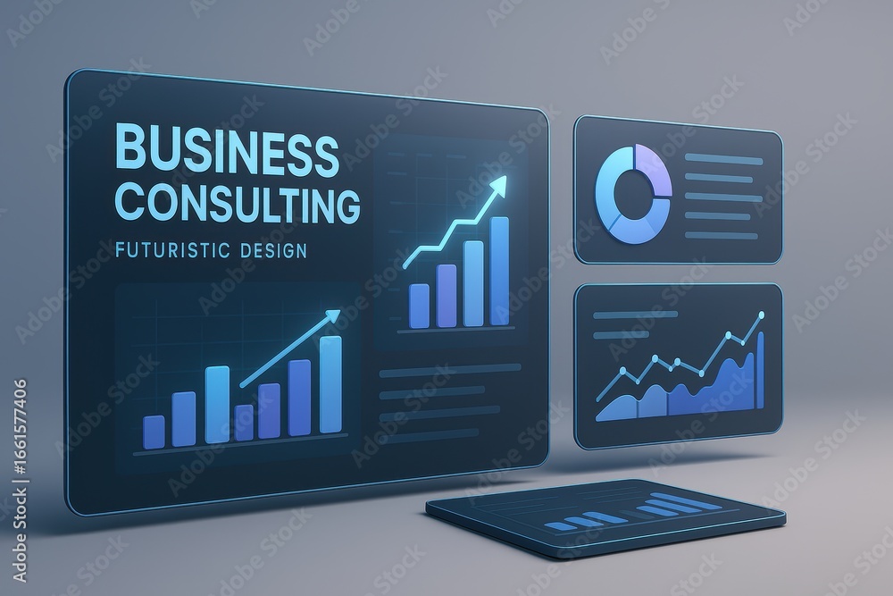 Poster futuristic business consulting space with digital graphs and analytics on modern screen displays