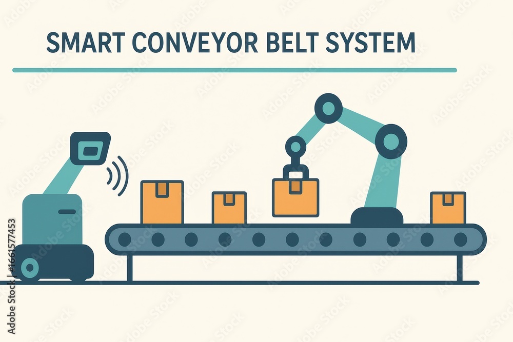 Poster Modern Smart Conveyor Belt System Featuring Robotic Arm and Package Handling Automation