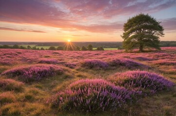Obraz premium Farbenpracht der Heideblüte – Blühende Heidelandschaft mit Besenheide, natürliche Farbenvielfalt