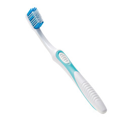 Plastic toothbrush with soft bristles for effective oral care and dental hygiene in a white background