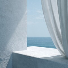 Coastal view through sheer white curtains
