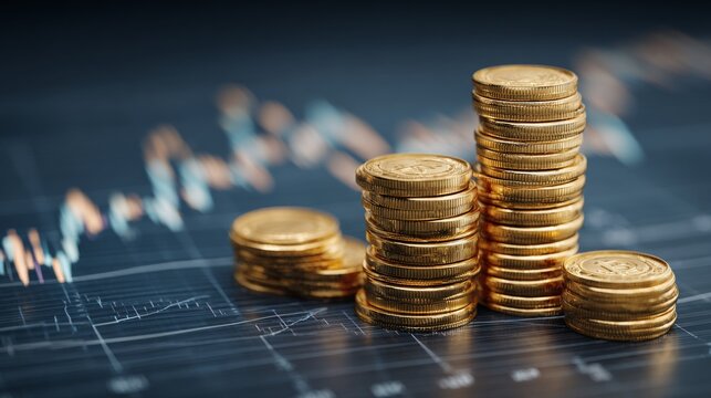 Stacked coins with financial growth chart and business investment concept, capital gain analysis, world money, market trends, economic performance, currency and finance data visualization - Powered by Adobe
