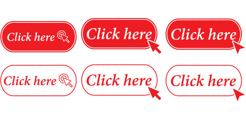 Simple Click Here Web Button Set with hand pointer or arrow pointer modern minimal style vector, Red color click here button 