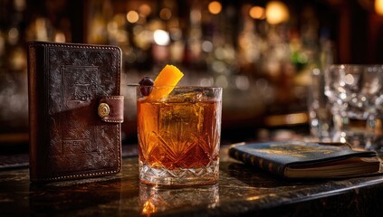 A rich Old Fashioned cocktail, leather-bound book, bar setting