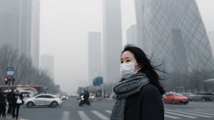 Obraz premium Woman Wearing Mask Amid Air Pollution: Prioritizing Health in a Polluted Environment to Safeguard Well - being from Harmful Airborne Particles