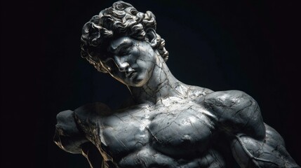 Fototapeta premium Cracked classical male statue with dramatic lighting on dark background.
