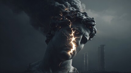 Cracked marble statue head emitting light amid storm clouds and smokestacks.
