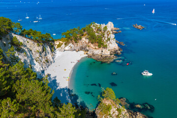 Aerial view of plage de La Vierge (Virgin beach) in Crozon Peninsula Brittany - One of the most...
