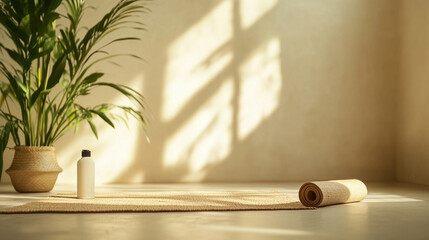 Grounding yoga pose in bright minimalist studio, natural jute mat and eco deodorant bottle on floor