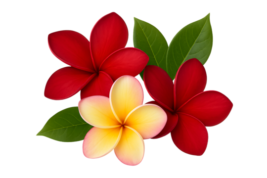 A stunning composition of vibrant red and yellow plumeria flowers with lush green leaves, showcasing their exotic and tropical beauty isolated on a transparent background