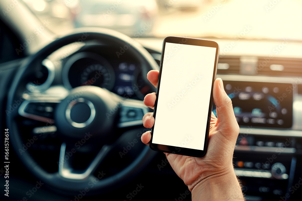 Aufkleber driver using mobile phone in car with blank screen for mockup and app presentation modern vehicle in