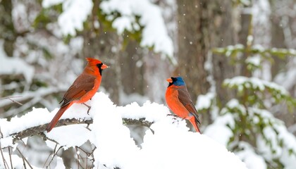 Two birds on snowy branch