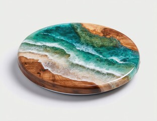 Circular, wooden coaster; ocean waves design.  Epoxy resin captures turquoise, teal, and beige beach scene.  Smooth, polished finish