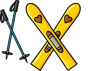 Bright yellow skis with heart design, crossed skis with bindings, blue ski poles, winter sports equipment, vector cartoon illustration, skiing gear set