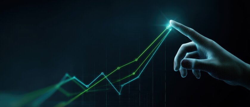 The hand reaching towards a digital growth trend in a futuristic environment.