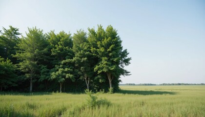 Fototapeta premium “A simple, uncluttered natural scene with trees forming a green wall as an environmental buffer, surrounded by clean grassland and open horizon.” 