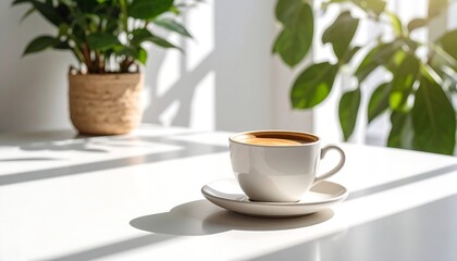 Coffee cup sunlight plants table