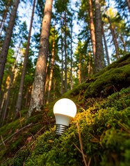 Lightbulb nestled in mossy forest floor