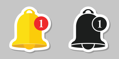 Notification bell sticker icon in flat style. Incoming inbox message vector illustration on isolated background. Ringing bell sign business concept.