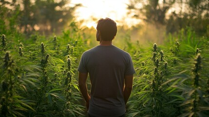 marijuana researcher checking the cannabis plantation in a cannabis farm, symbolizing the growing agricultural and medicinal cannabis industry, Generative AI