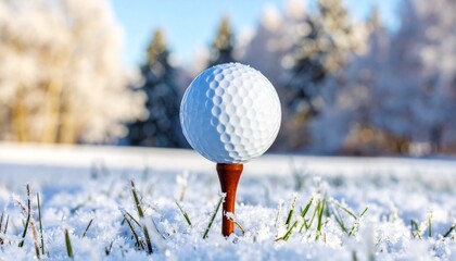 White golf ball on wooden tee in snowy grass, winter scene with trees and clear blue sky.