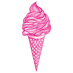 Big ice cream cone. Vector pink ink isolated illustration in sketch line style.