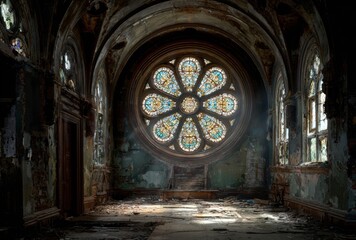 Abandoned Gothic-style church interior with large circular stained glass window and ornate architecture