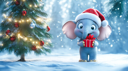 A cheerful cartoon elephant with a Christmas hat holding a gift beside a decorated tree in a snowy winter landscape