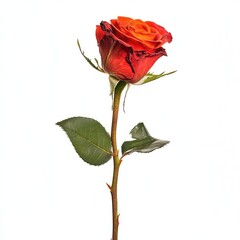 Single vibrant orange-red rose, stem and leaves against white