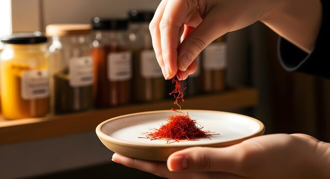 Hand sprinkling precious saffron threads onto a white plate in a spice pantry