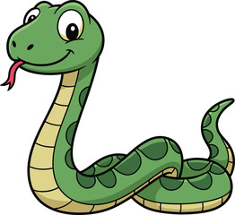 Cute cartoon green snake with big eyes and smiling face, playful reptile with tongue out, friendly snake vector illustration for children and wildlife content
