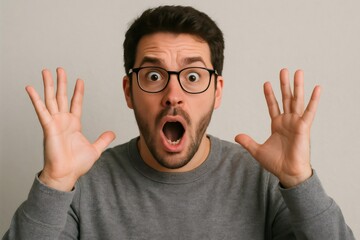 Young businessman wearing glasses showing surprise with astonished expression and open mouth, raising hands in disbelief on gray background