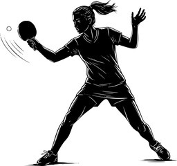 sketched silhouettes Table tennis player, isolated Woman playing ping pong. Sports clipart