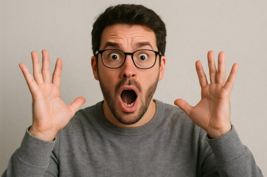 Young businessman wearing glasses showing surprise with astonished expression and open mouth, raising hands in disbelief on gray background